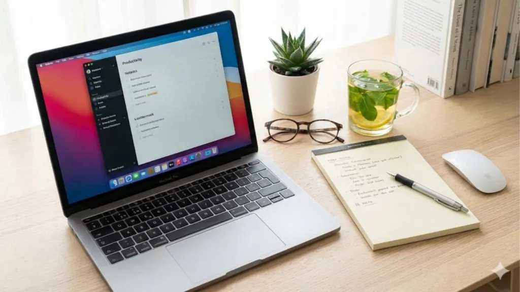 Homeoffice Schreibtisch mit Laptop und einer Tasse Pfefferminztee mit Zitrone für Konzentration