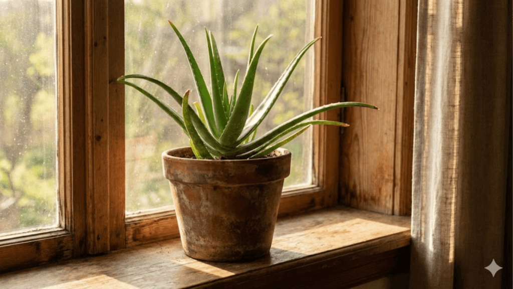 Aloe Vera Pflanze auf der Fensterbank im Sonnenlicht, produziert nachts Sauerstoff