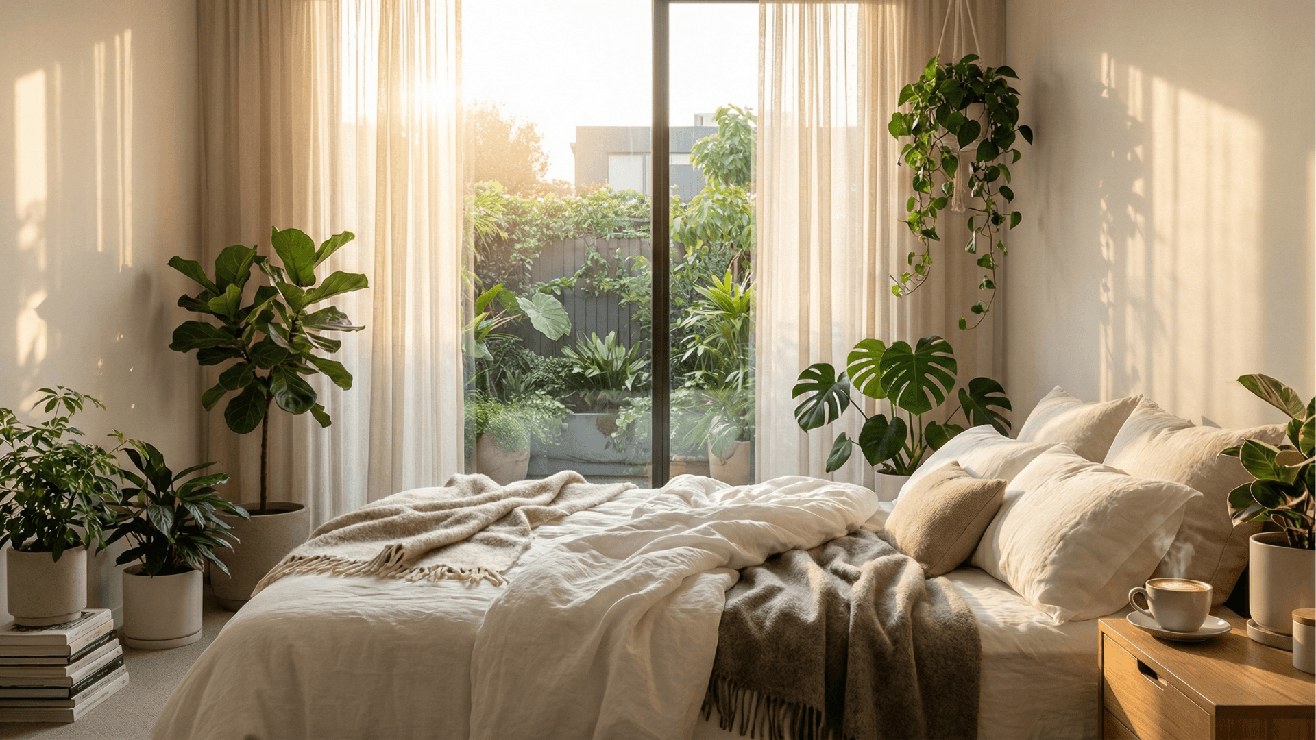 Modernes und gemütliches Schlafzimmer mit luftreinigenden Pflanzen für besseren Schlaf