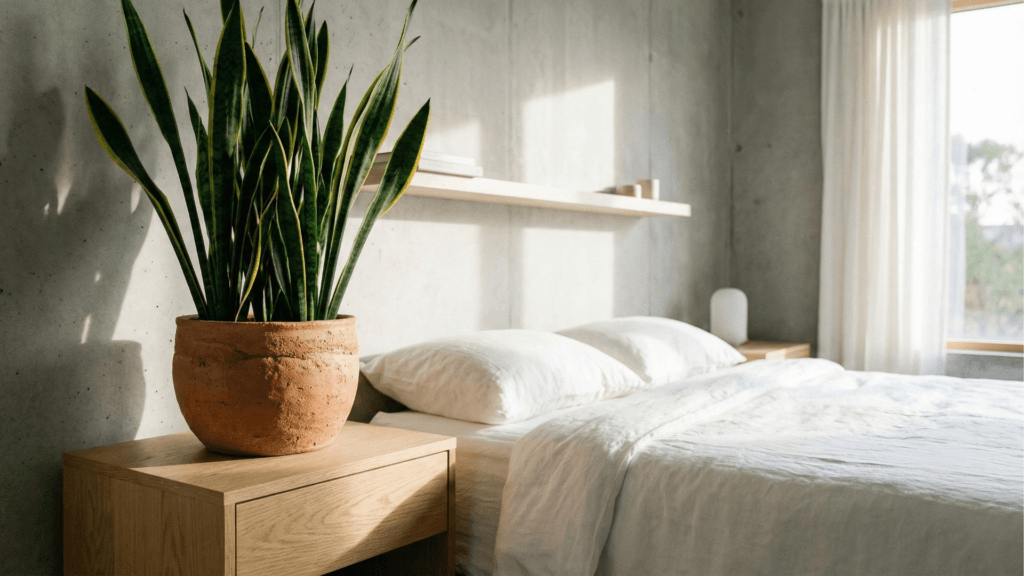 Bogenhanf (Sansevieria) im Terrakotta-Topf auf dem Nachttisch als ideale Schlafzimmerpflanze