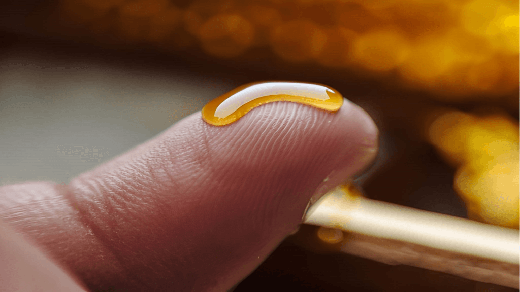 Der Honig Daumen Test Ergebnis Tropfen bleibt rund und fest auf der Haut stehen