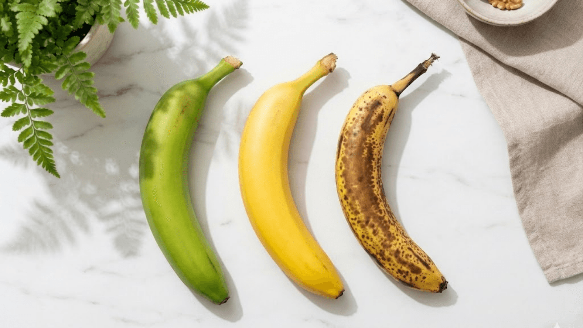 Drei Bananen auf einem Marmortisch, die unterschiedliche Reifegrade von grün über gelb bis braun gepunktet zeigen.