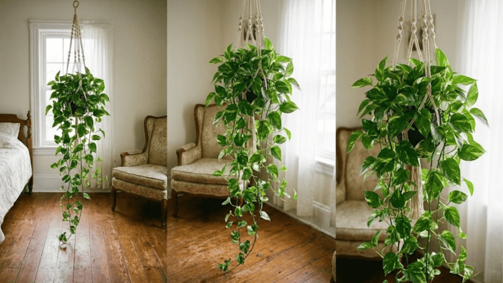 Efeutute (Epipremnum) als hängende Kletterpflanze im Schlafzimmer, Urban Jungle Stil