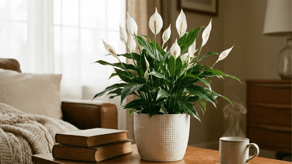 Einblatt (Spathiphyllum) mit weißen Blüten im Keramiktopf sorgt für gutes Raumklima