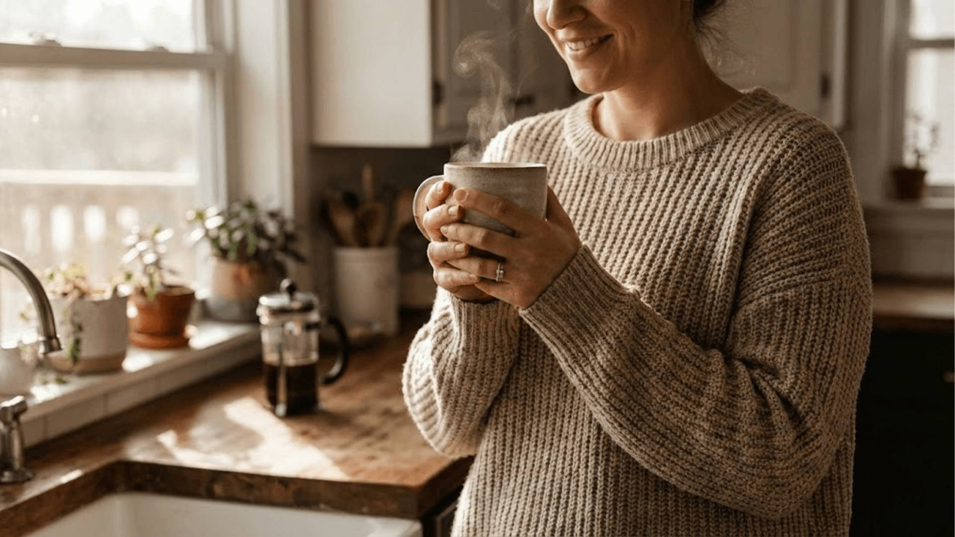 Frau genießt warme Tasse Tee, passend zum Thema Welcher Tee wann am besten wirkt