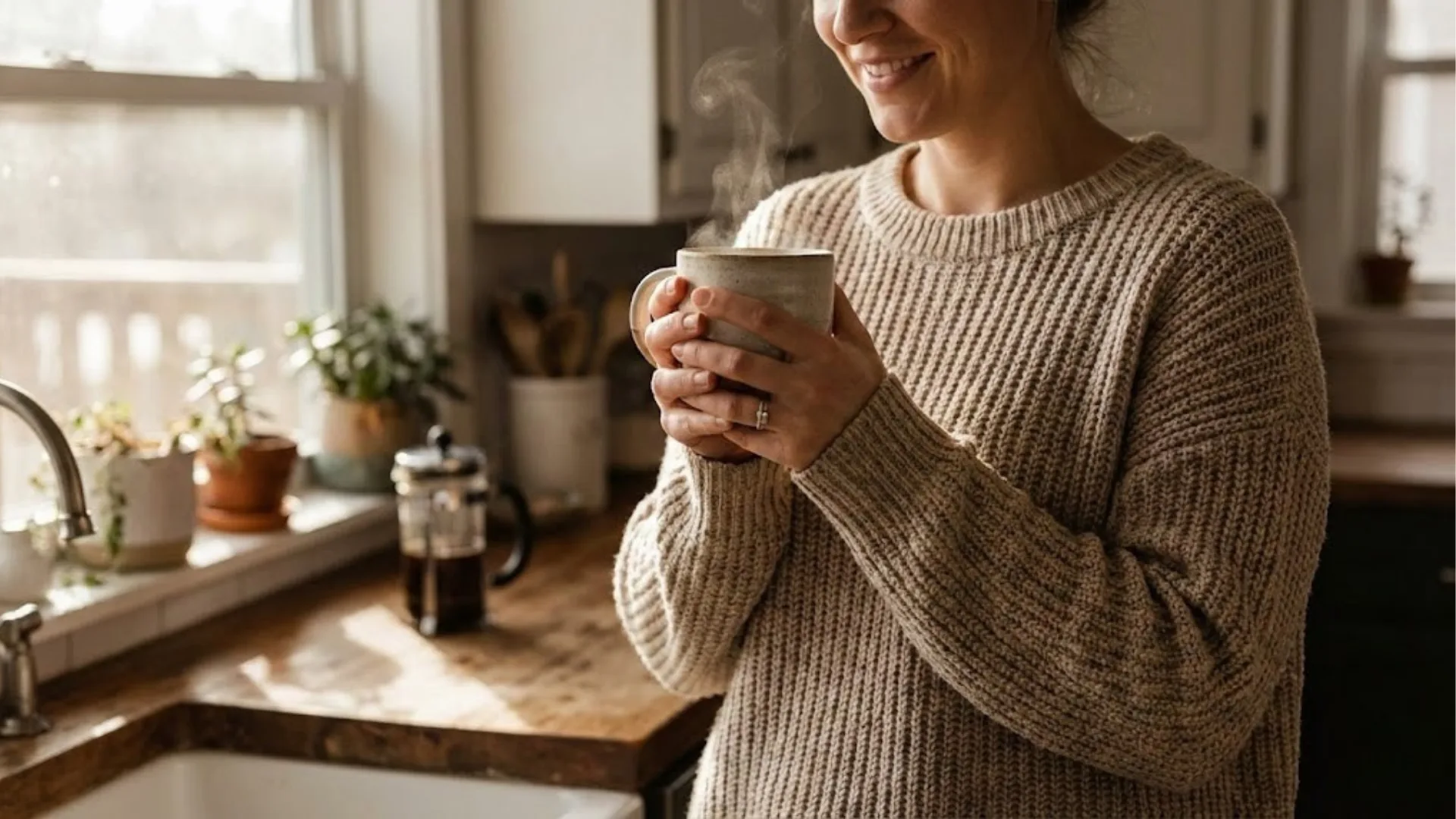 Frau genießt warme Tasse Tee, passend zum Thema Welcher Tee wann am besten wirkt