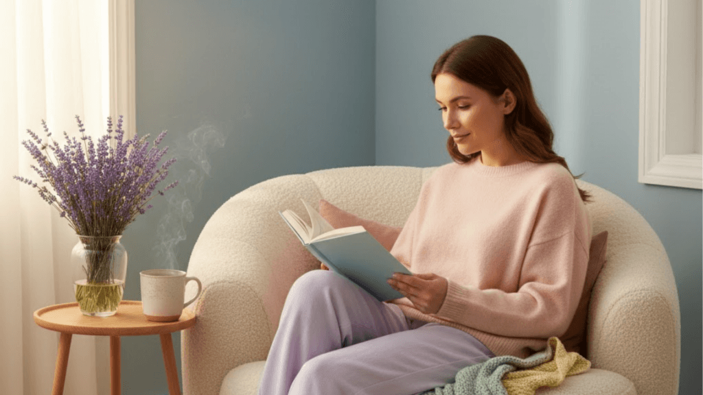Frau liest entspannt im Sessel und trinkt Lavendel-Kamille-Tee gegen Stress