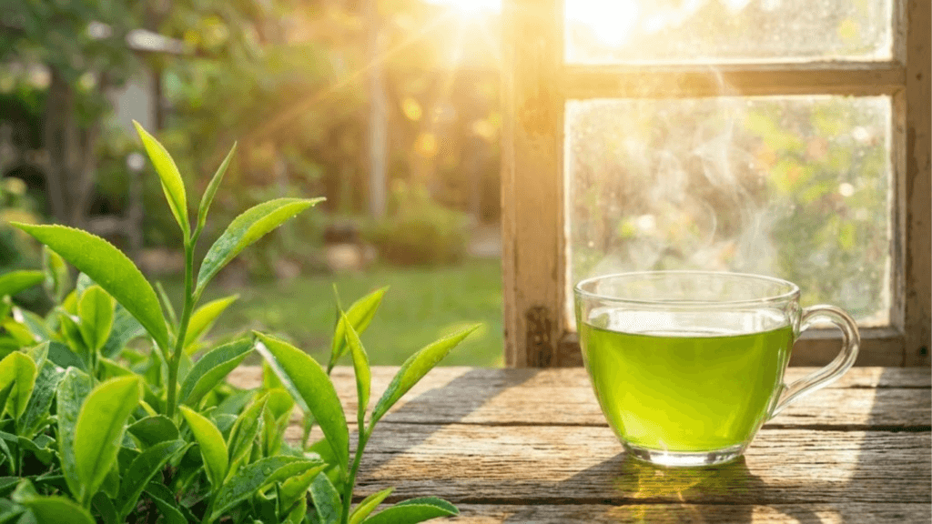 Frische grüne Teeblätter und eine Glastasse Grüner Tee als Wachmacher am Morgen