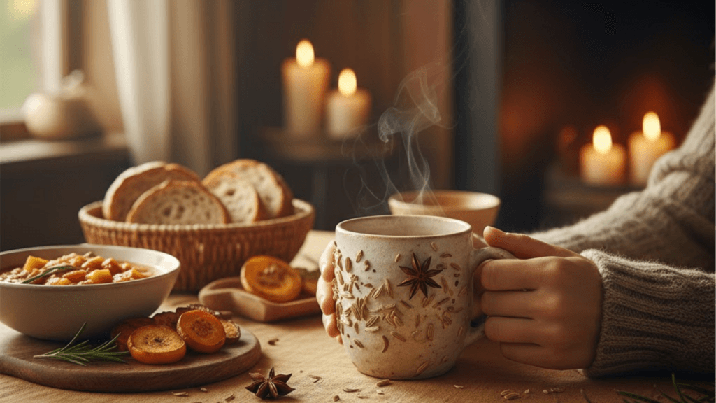 Gemütlicher Esstisch mit einer Tasse Fenchel-Anis-Kümmel Tee nach dem Essen