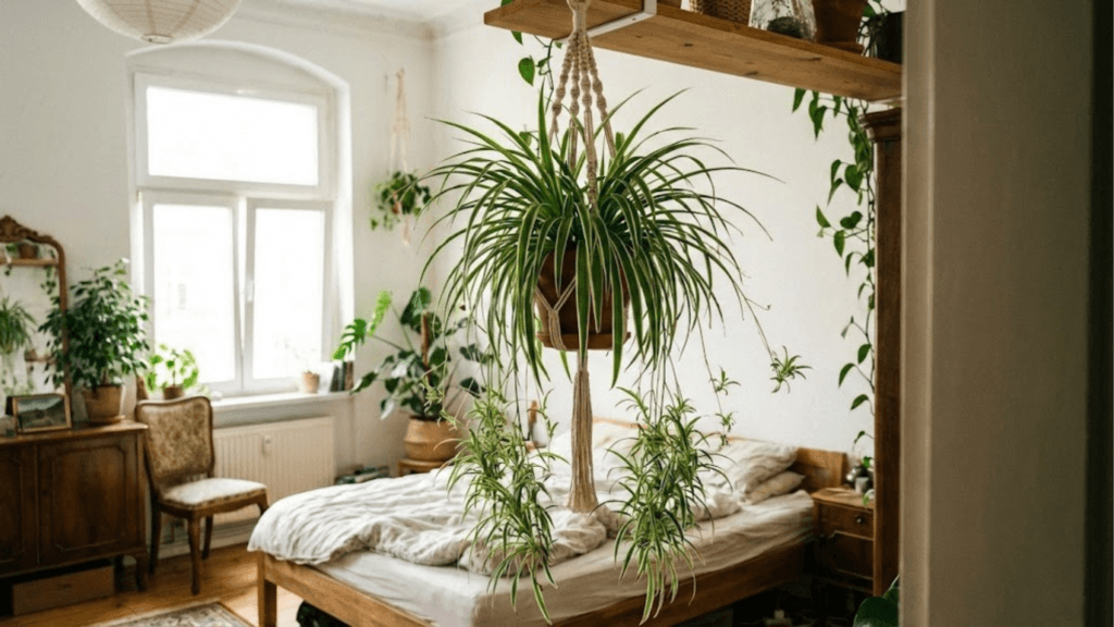 Haengende Gruenlilie Chlorophytum auf einem Regal im hellen Schlafzimmer