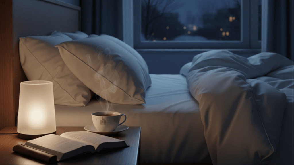 Nachttisch am Abend mit Buch und einer Tasse Baldrian-Melisse-Tee zum Einschlafen
