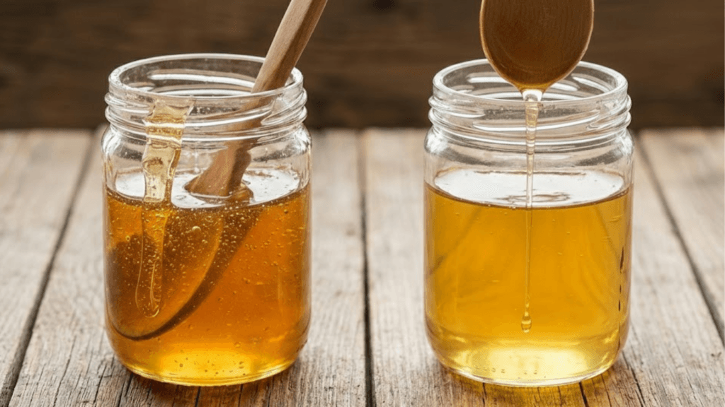 Natürlich kristallisierter Honig im Glas mit Löffel als Zeichen für echtes Naturprodukt