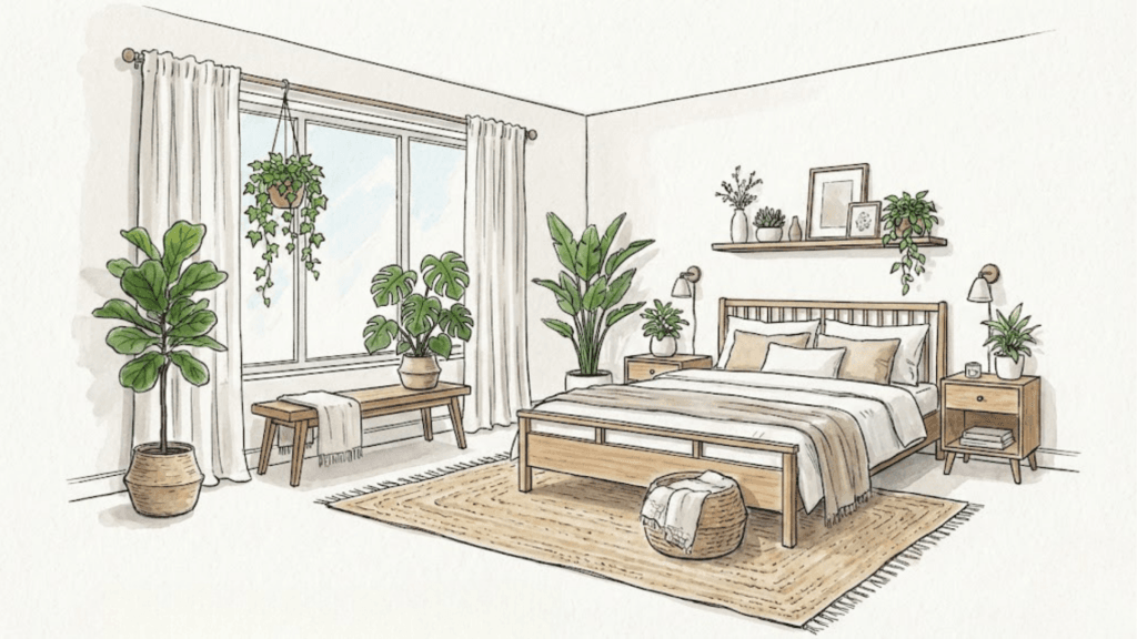 Skizze zur optimalen Anordnung von Pflanzen im Schlafzimmer für harmonische Atmosphäre