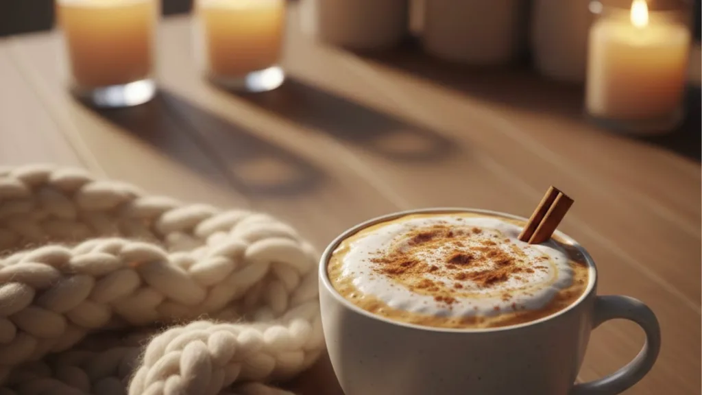 Wärmender Chai-Latte mit Milchschaum und Zimtstange für den Feierabend