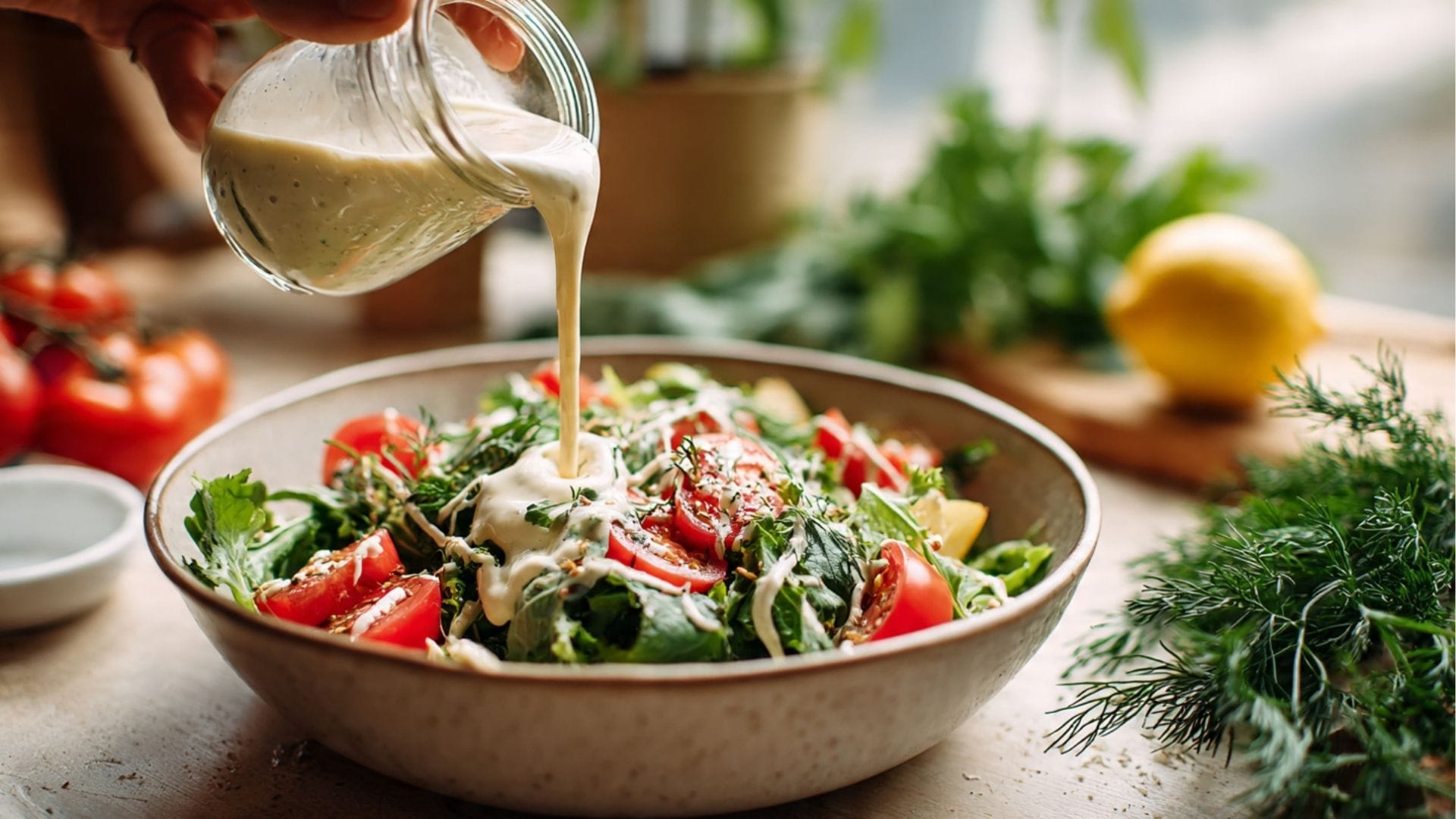 Cremiges Joghurt-Dressing wird über frischen Salat gegossen – Gesund und kalorienarm