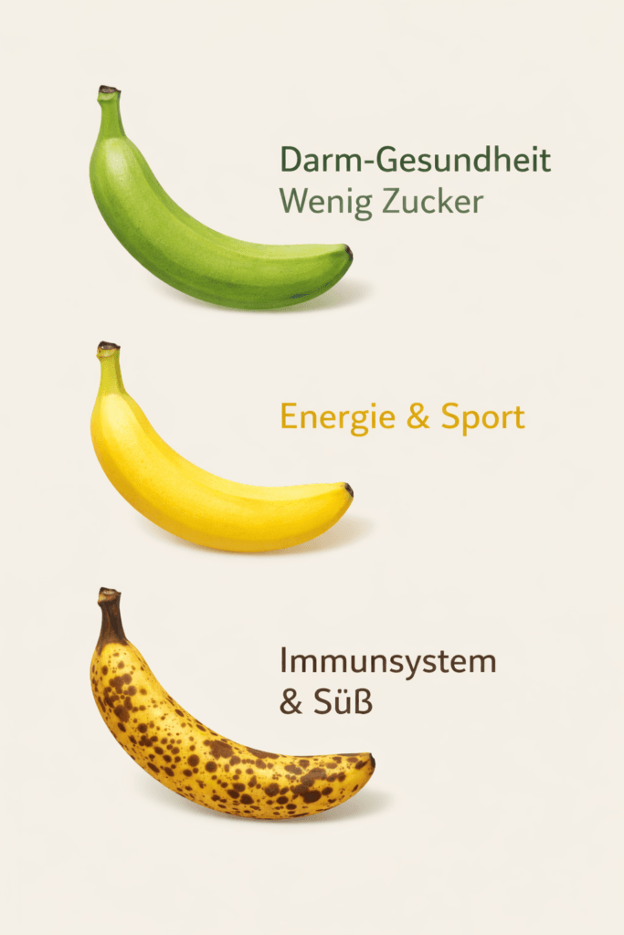 Infografik über die Gesundheitsvorteile von grünen, gelben und braunen Bananen.
