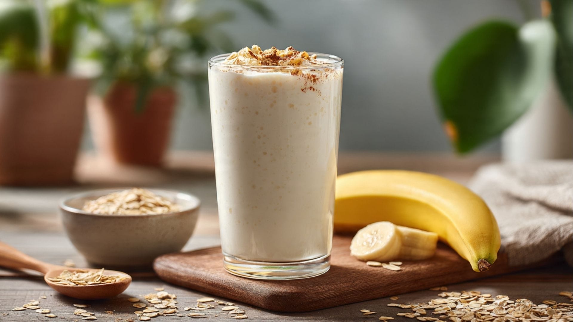 Cremiges Bananen-Kefir Frühstück im Glas auf Holztisch – Gesundes Rezept gegen Blähbauch