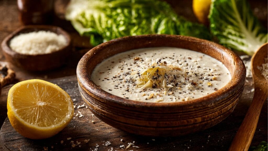Gesundes Caesar Dressing ohne Mayonnaise mit Parmesan und Zitrone