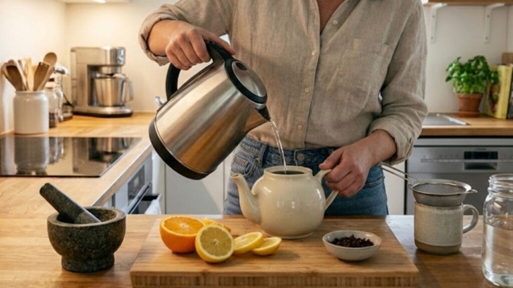 Zubereitung von frischem Nelkentee mit Mörser und Zitrone – Natürliches Hausmittel und Anleitung für die Parasitenkur

