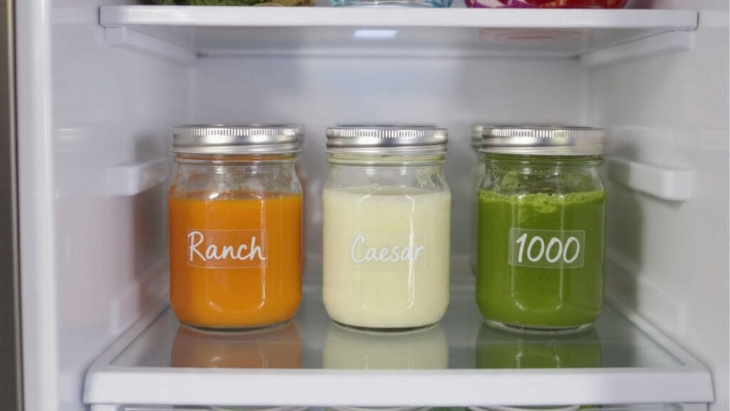 Salatdressings im Glas im Kühlschrank – Meal Prep für die Woche