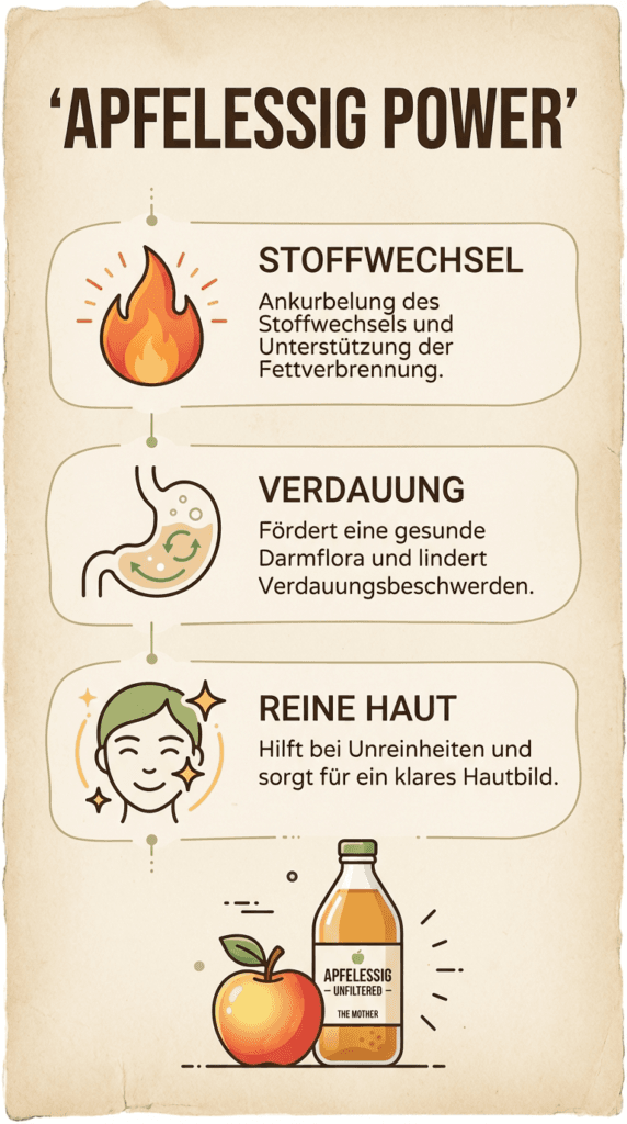 Infografik über die Vorteile von Apfelessig: Stoffwechsel, Haut und Verdauung.