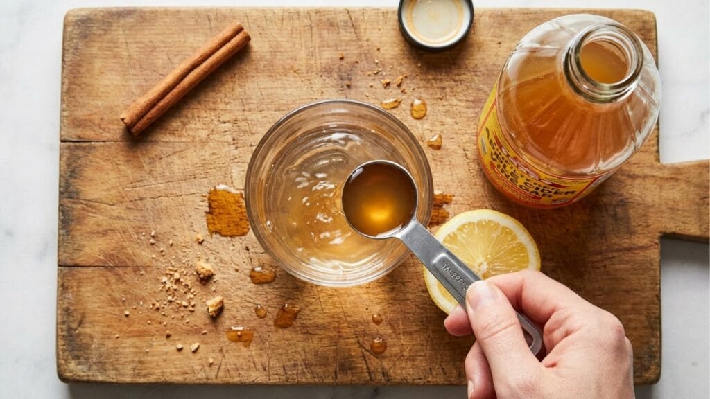 Zutaten für den Apfelessig-Drink: Wasser, Essig, Zitrone und Zimt.