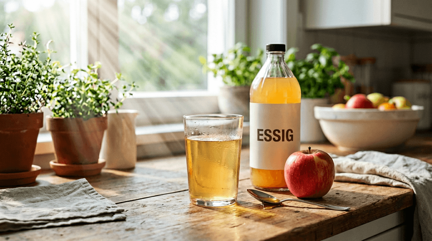 Ein Glas Wasser mit Apfelessig und Honig auf einem hellen Küchentisch, daneben Äpfel.
