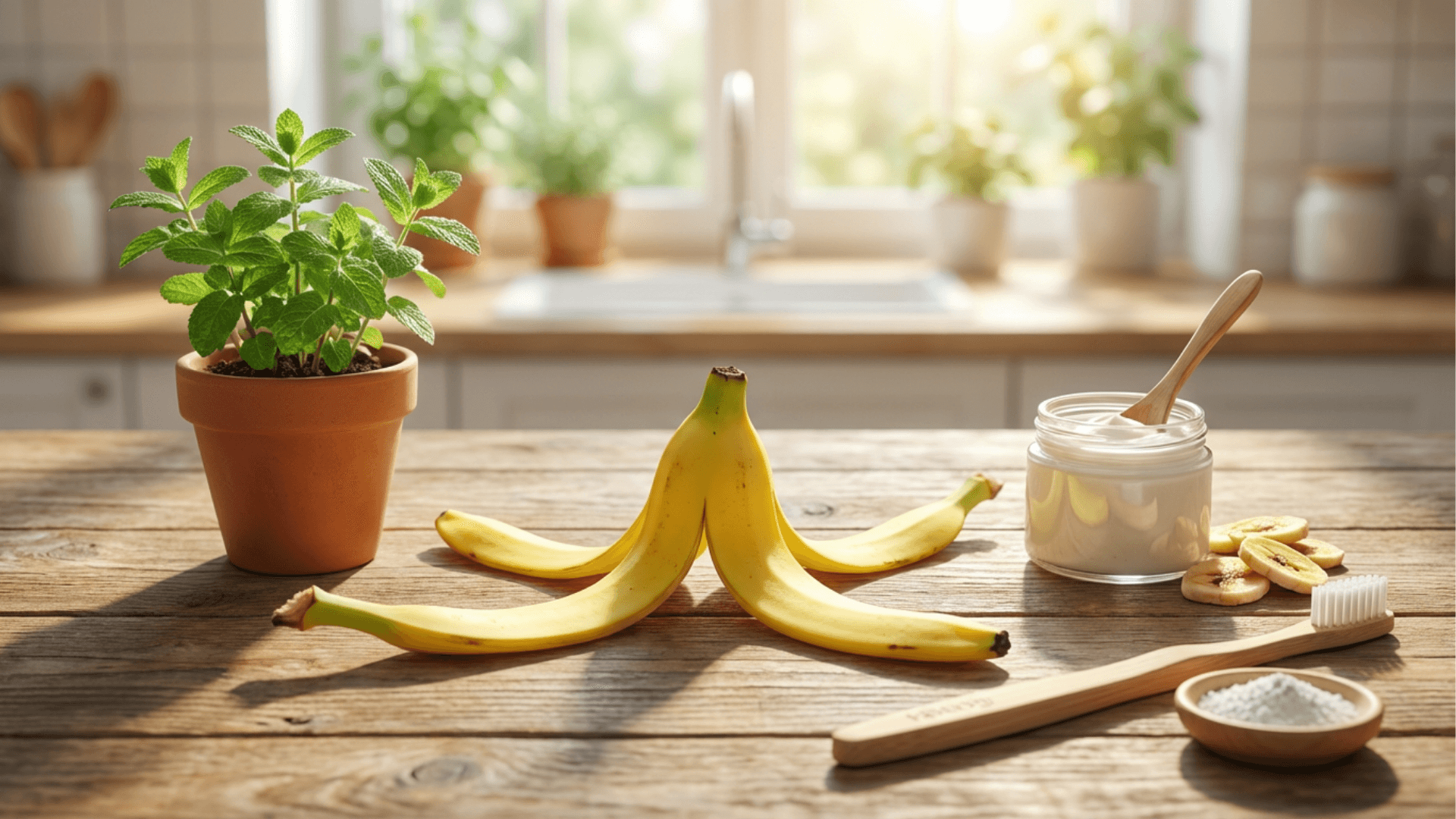 Eine Bananenschale wird als natürlicher Dünger in einen Blumentopf gelegt, daneben strahlende Zimmerpflanzen.