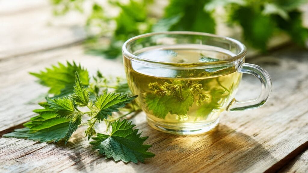 Tasse mit Brennnesseltee und frischen Brennnesseln – Natürlich entwässern