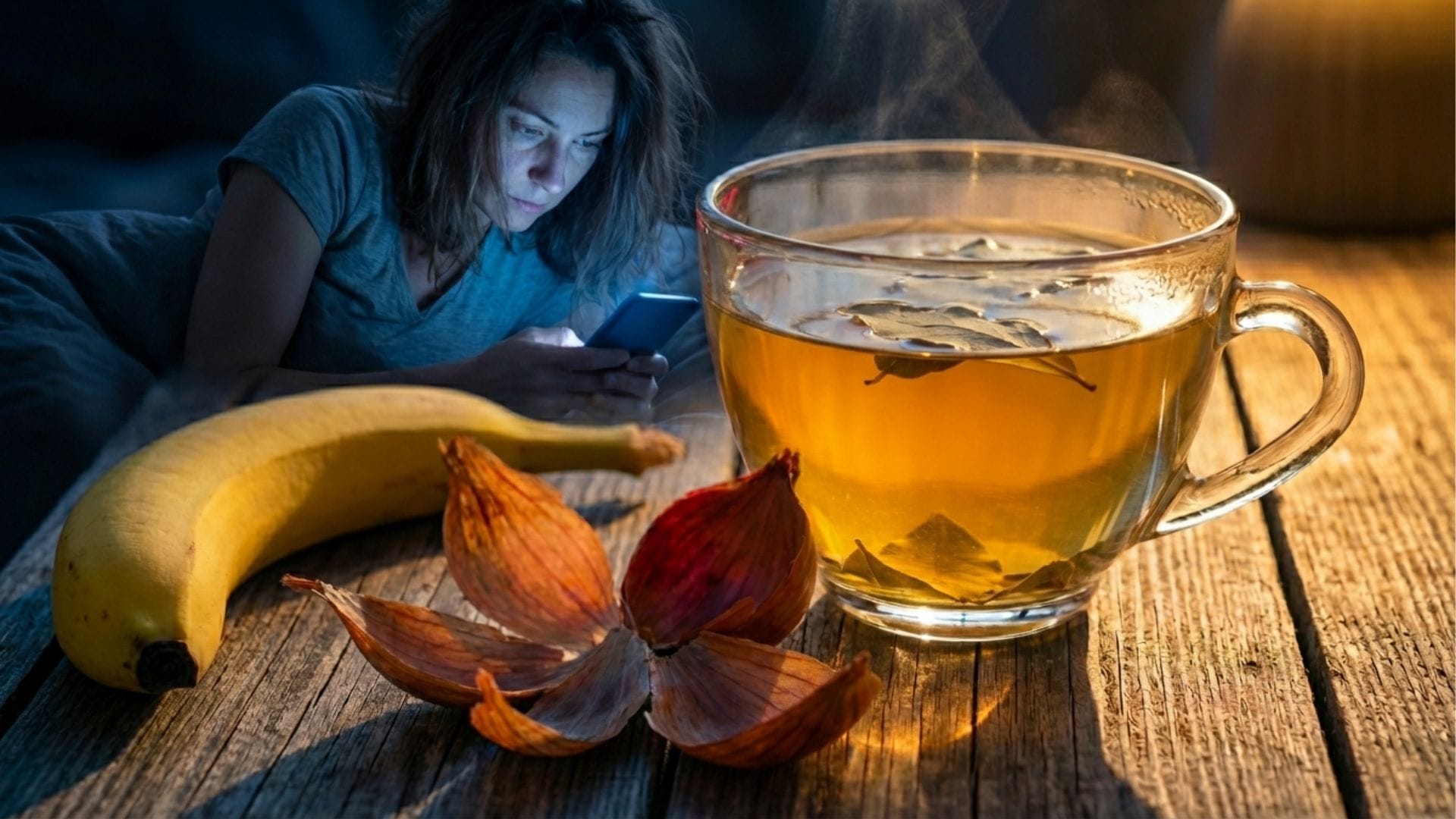 Frau mit Schlafstörungen am Handy, im Vordergrund natürliche Hausmittel: Zwiebelschalen, Banane und Tee