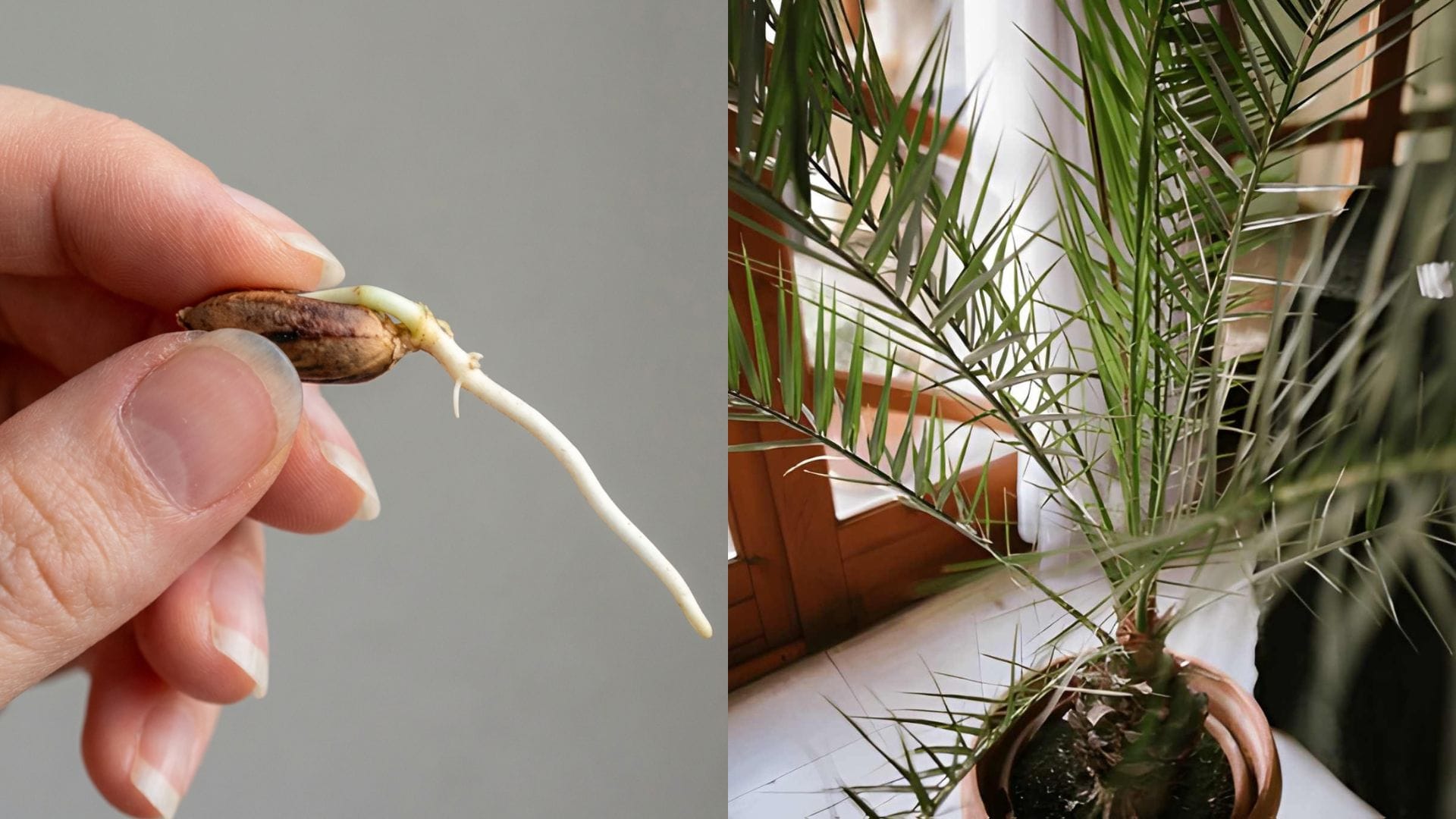 Links: Eine Hand hält einen gekeimten Dattelkern mit weißer Wurzel. Rechts: Eine junge, grüne Dattelpalme im Topf in einem hellen Wohnzimmer. Dattelpalme selber ziehen