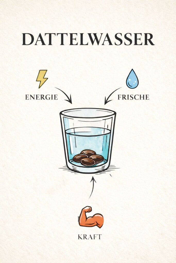 Gezeichnete Infografik, die die drei Hauptvorteile von Dattelwasser zeigt: Schnelle Energie, bessere Hydratation und Muskel-Regeneration.

