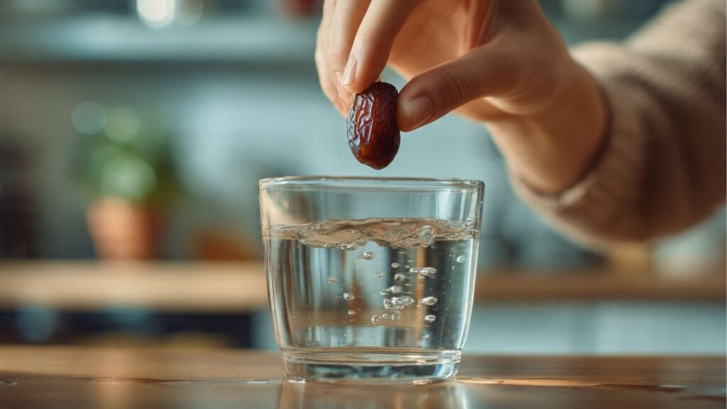 Eine Hand lässt eine frische Dattel in ein Wasserglas fallen, um Dattelwasser zuzubereiten.
