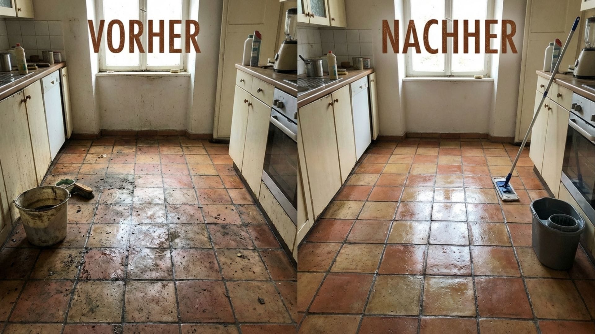 Ein strahlend sauberer Fliesenboden in einer Küche, darauf steht ein Eimer mit Seifenwasser und ein Wischmopp.