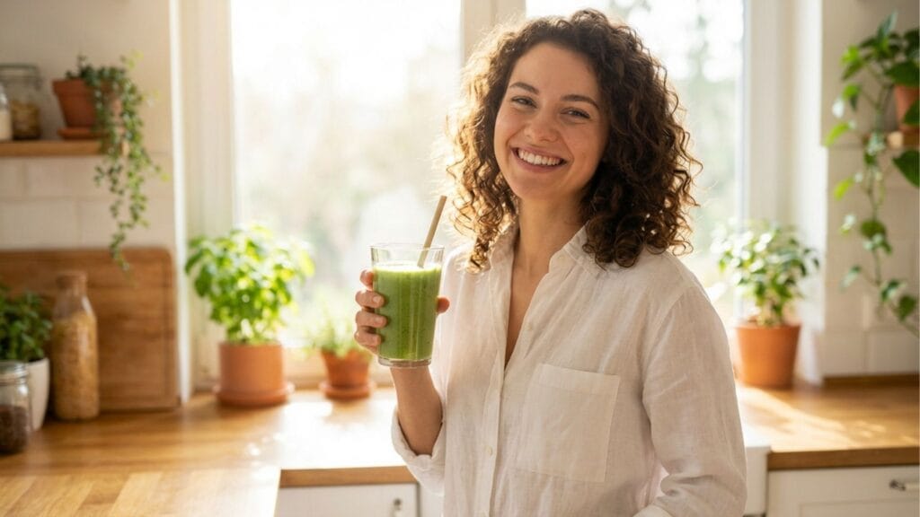 Eine glückliche Frau trinkt einen grünen Smoothie aus einem Glas und lächelt.