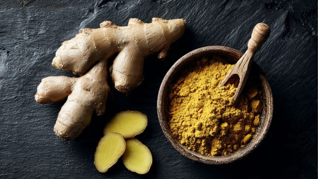 Vergleich zwischen einer frischen Ingwerknolle und gemahlenem Ingwerpulver auf dunklem Untergrund.

