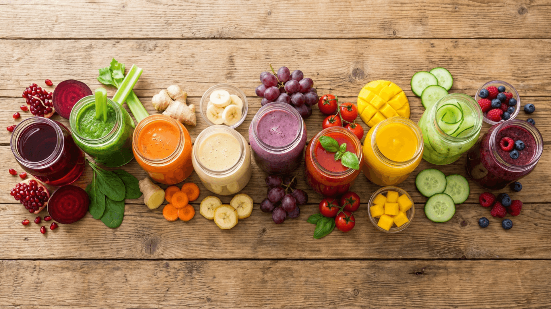 Eine Auswahl von 9 bunten, gesunden Säften in Gläsern (rot, grün, gelb, orange) arrangiert auf einem Holztisch, passend zu verschiedenen Organen wie Herz, Leber und Haut.