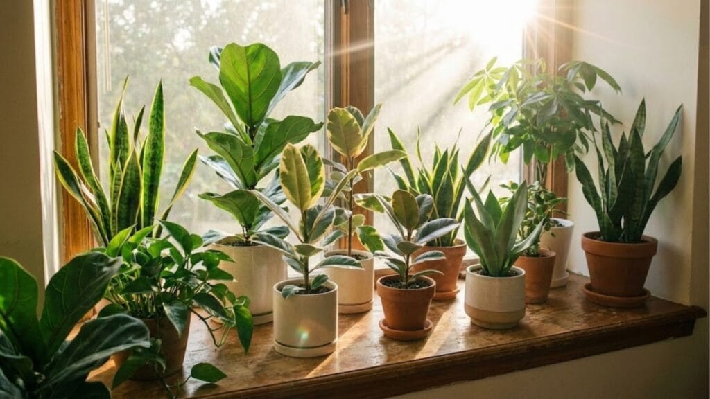 Gesunde, staubfreie Zimmerpflanzen auf einer Fensterbank.