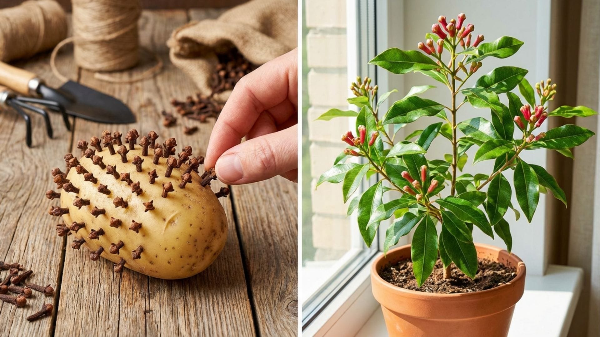 Links: Eine rohe Kartoffel, gespickt mit getrockneten Gewürznelken. Rechts: Ein wunderschöner grüner Gewürznelkenbaum im Topf (Symbolbild).