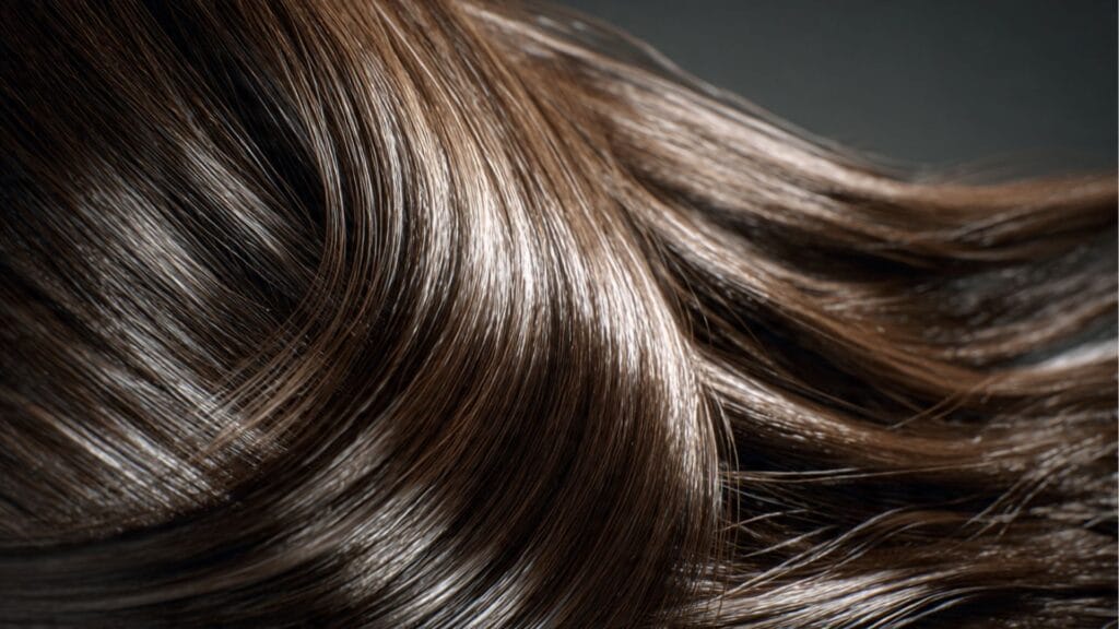 Gros plan sur des cheveux longs, bruns et extrêmement brillants, montrant le résultat d'un soin.