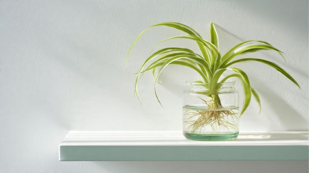 Grünlilie (Chlorophytum) Ableger wurzelt im Wasserglas