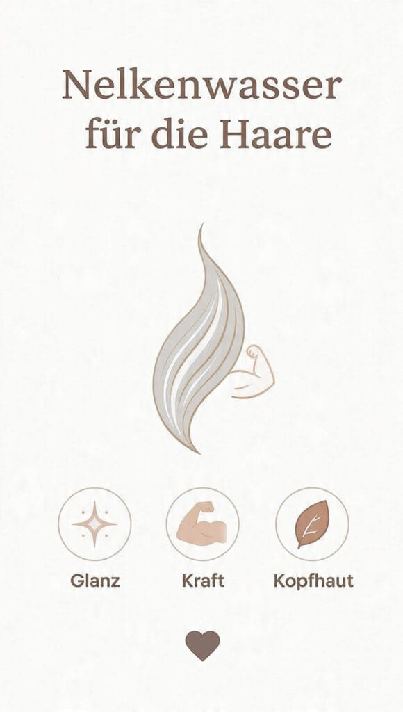 Infographie simple montrant les bienfaits du Nelkenwasser pour les cheveux : brillance, force et soin du cuir chevelu.