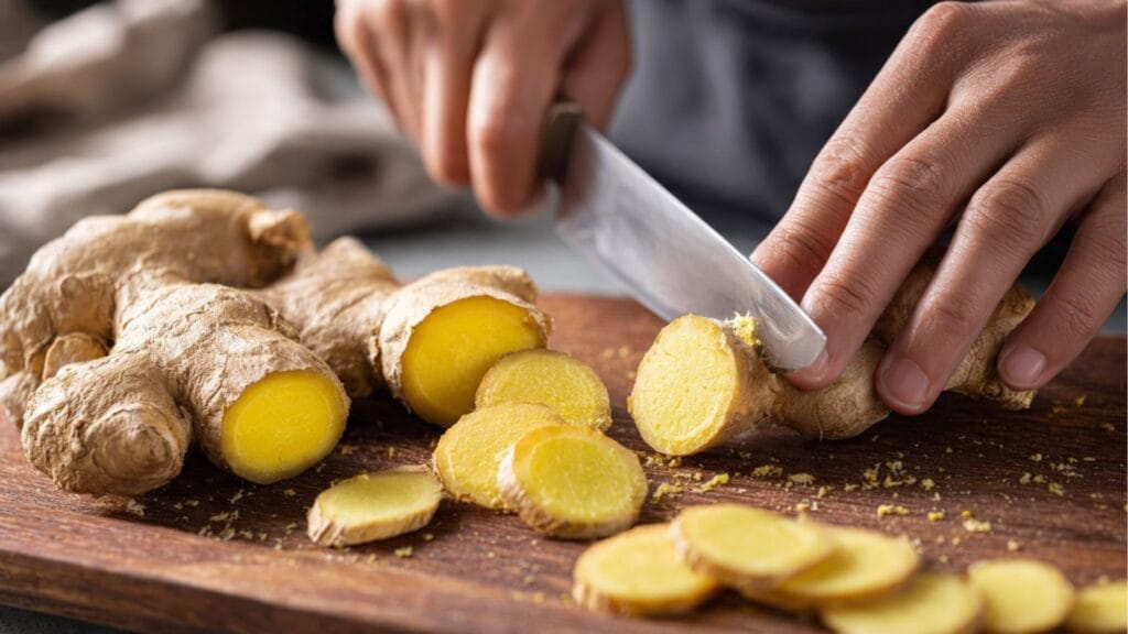 Frischer Ingwer wird ungeschält in Scheiben geschnitten, um alle wichtigen Nährstoffe unter der Schale zu erhalten.

