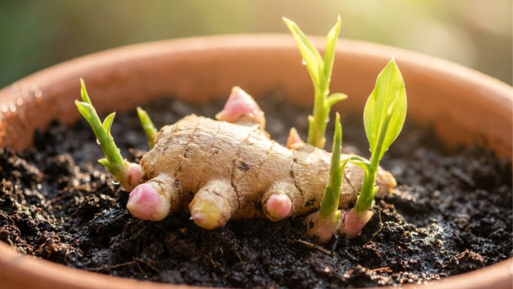 Ein Stück Ingwerwurzel keimt in einem Topf mit Erde – die funktionierende Alternative zum Nelken-Trick.