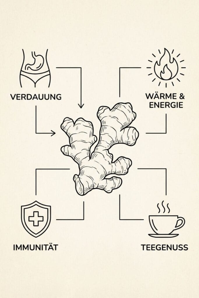 Gezeichnete Infografik, die die Vorteile von Ingwer zeigt: Gute Verdauung, innere Wärme und ein starkes Immunsystem.

