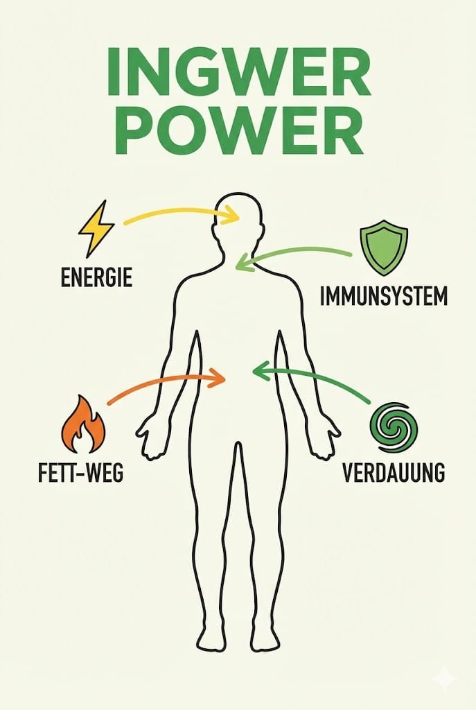 Infografik Ingwer Power: Wirkung auf Energie, Immunsystem, Fettverbrennung und Verdauung
