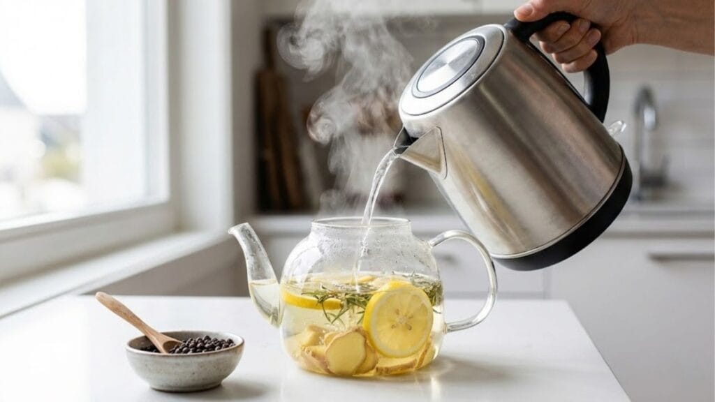 Zubereitung von Ingwertee im Topf: Frischer Ingwer, Zitrone und der Geheimtipp Pfeffer
