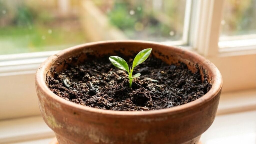 Ein kleiner, grüner Zitronen-Keimling wächst aus der Erde in einem Terrakotta-Topf.