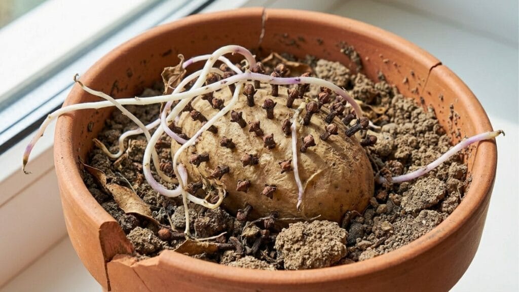 Eine keimende Kartoffel in Erde, die Gewürznelken sind unverändert.