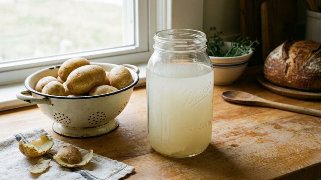 Abgekühltes Kartoffelwasser in einem Glas, bereit zum Gießen.